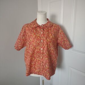 Orvis Red Floral Collared Button Down Short Sleeve Shirt